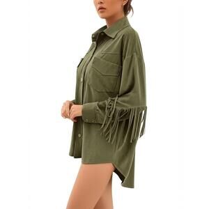 ALMOST PINK Womens Shirt Large Olive Green Western Snap Front Fringed Western